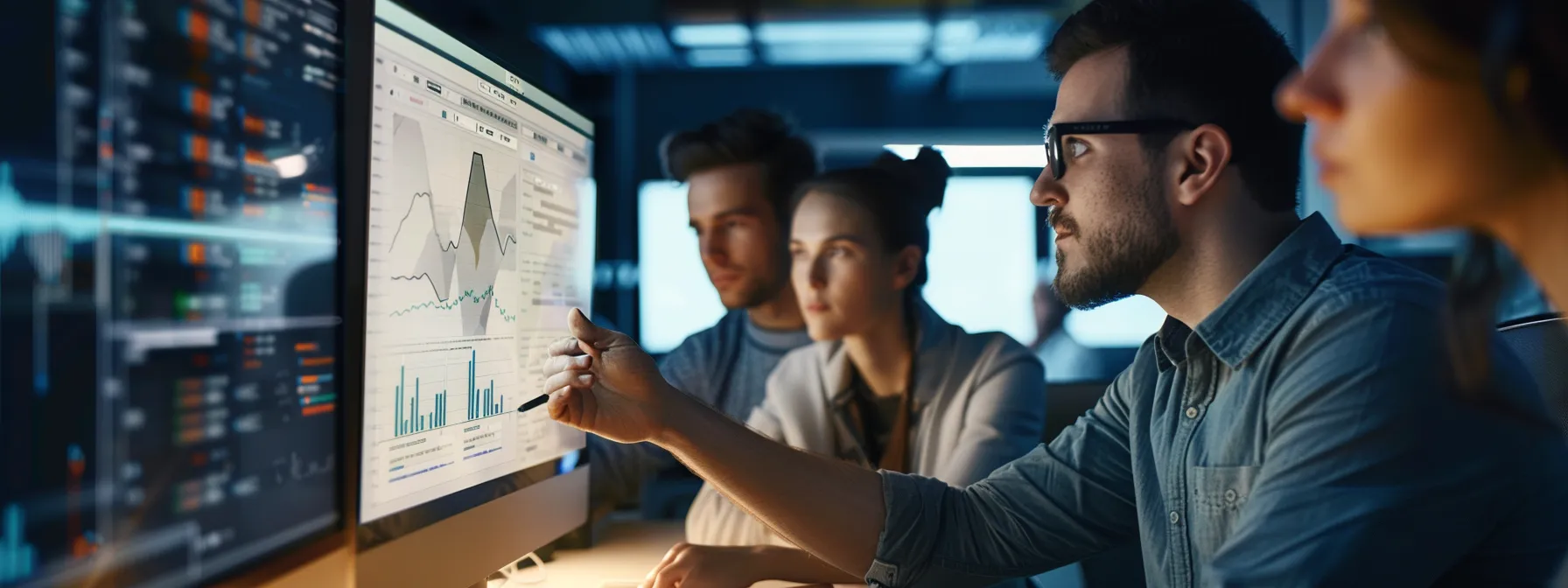 a focused team collaborates around a digital workspace, analyzing data and local market trends to enhance seo strategies for florida businesses.