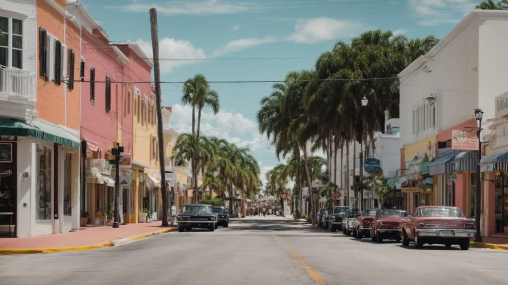 a bustling florida street lined with diverse local businesses.