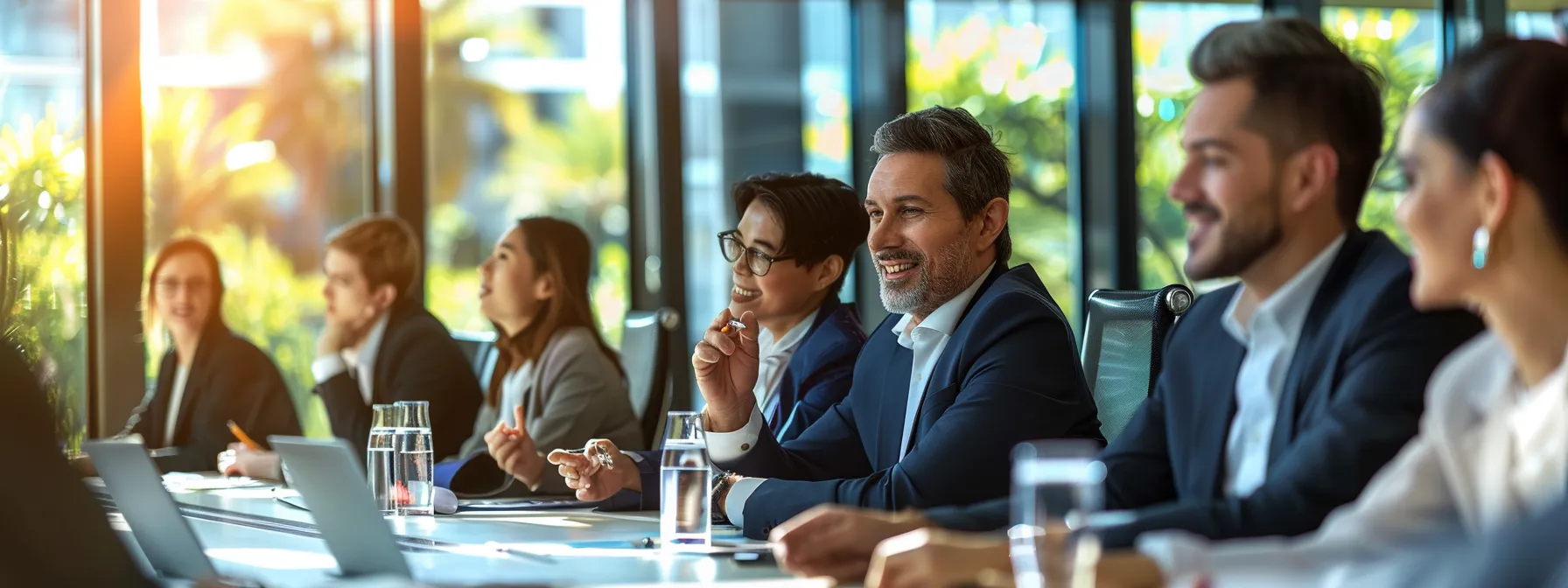 a group of business professionals shares insights in a bright conference room, focusing on strategies for enhancing local seo in florida.